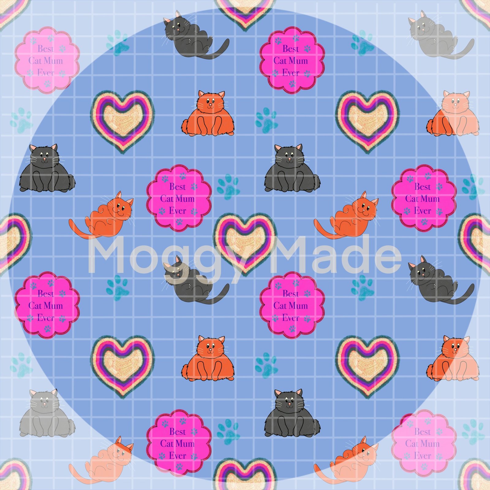 Seamless pattern of best cat mum in blue