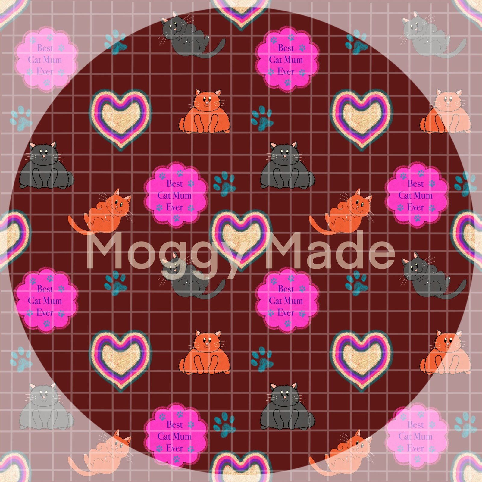 Seamless pattern of best cat mum in burgundy