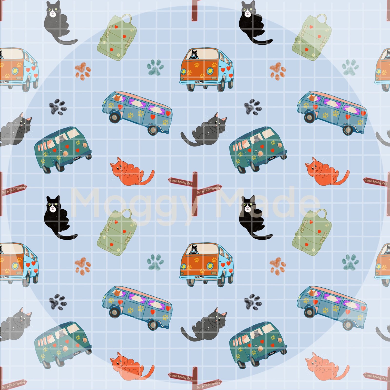 seamless pattern of cats and camper vans in blue colour