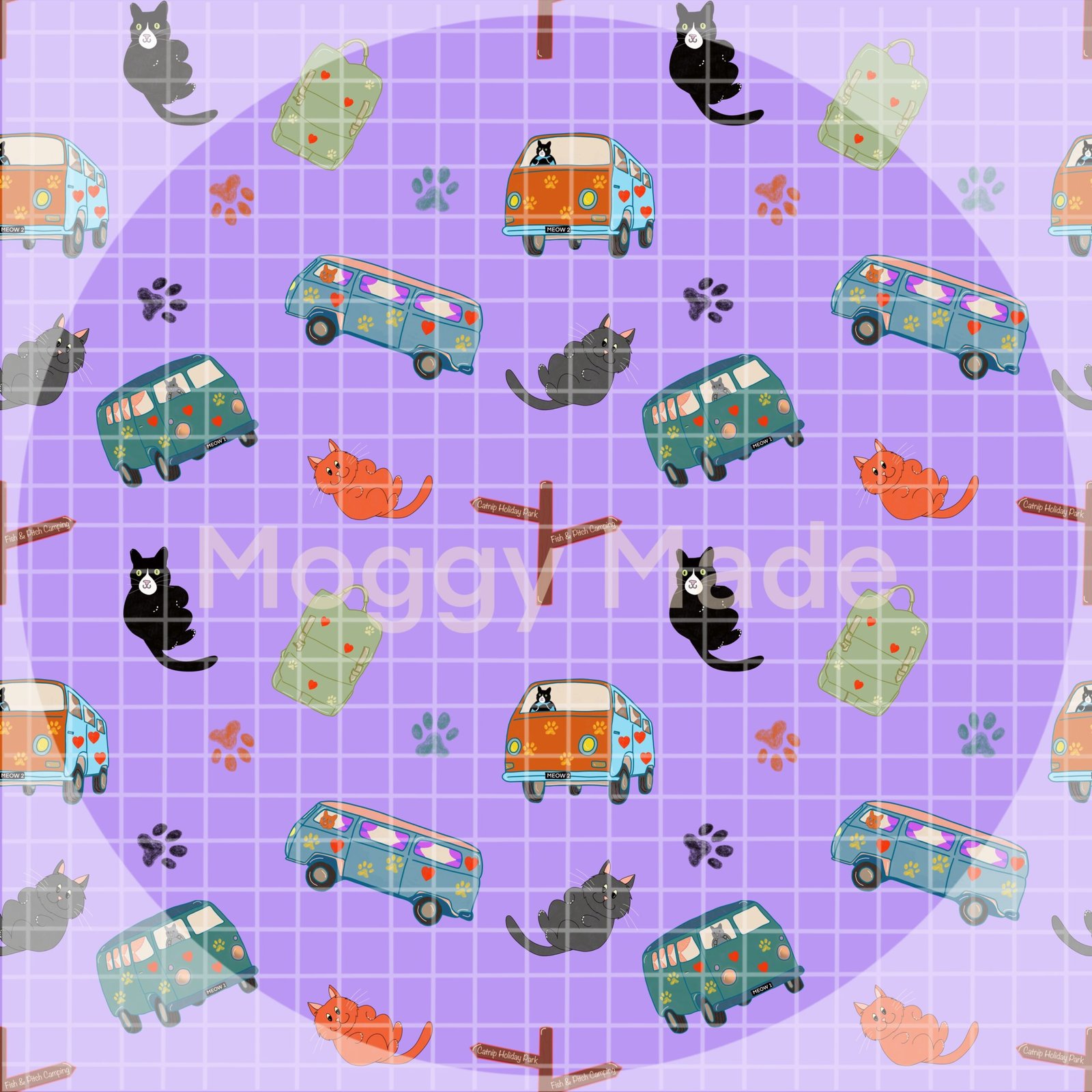 seamless pattern of cats and camper vans in lilac