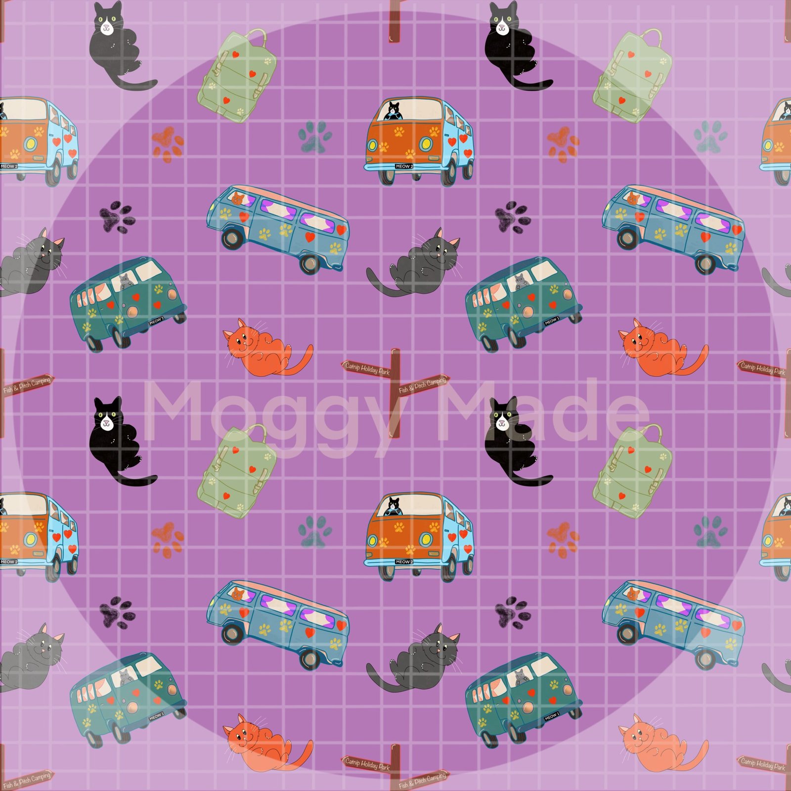 seamless pattern of cats and camper vans in pink