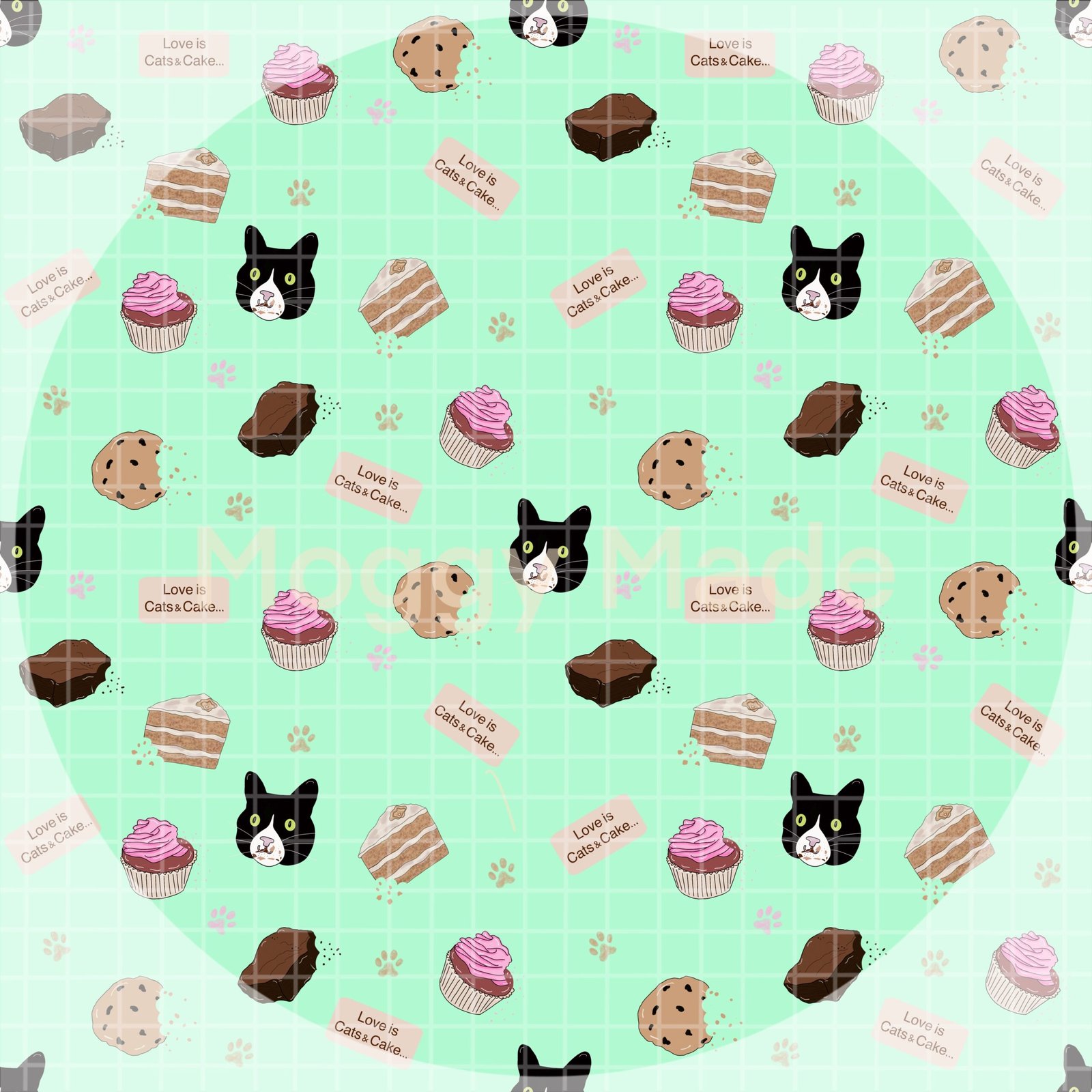 seamless pattern of cake and cats in green colour