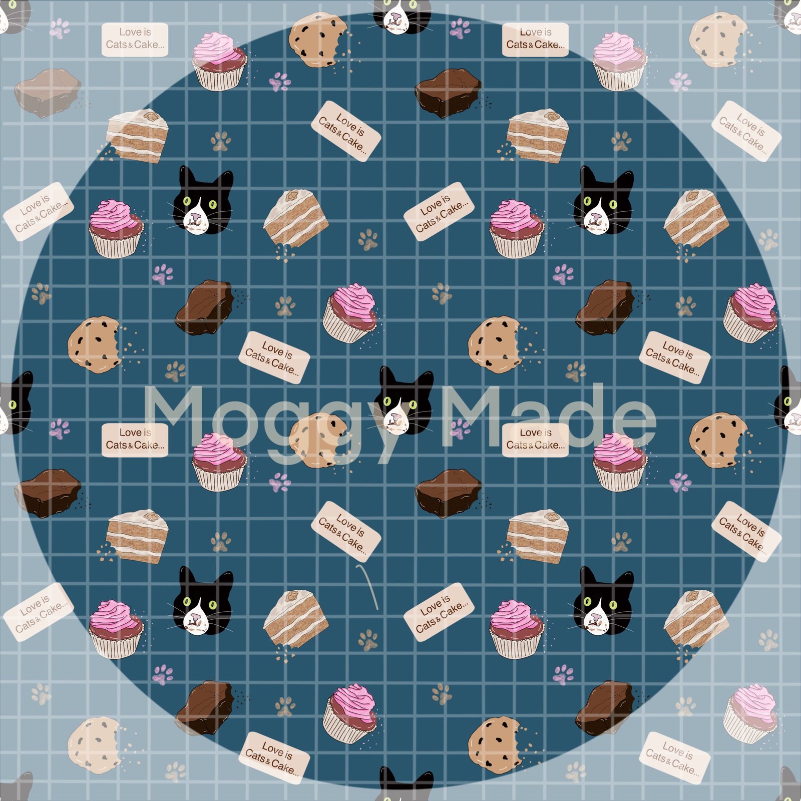cats and cake seamless file in teal by moggymade