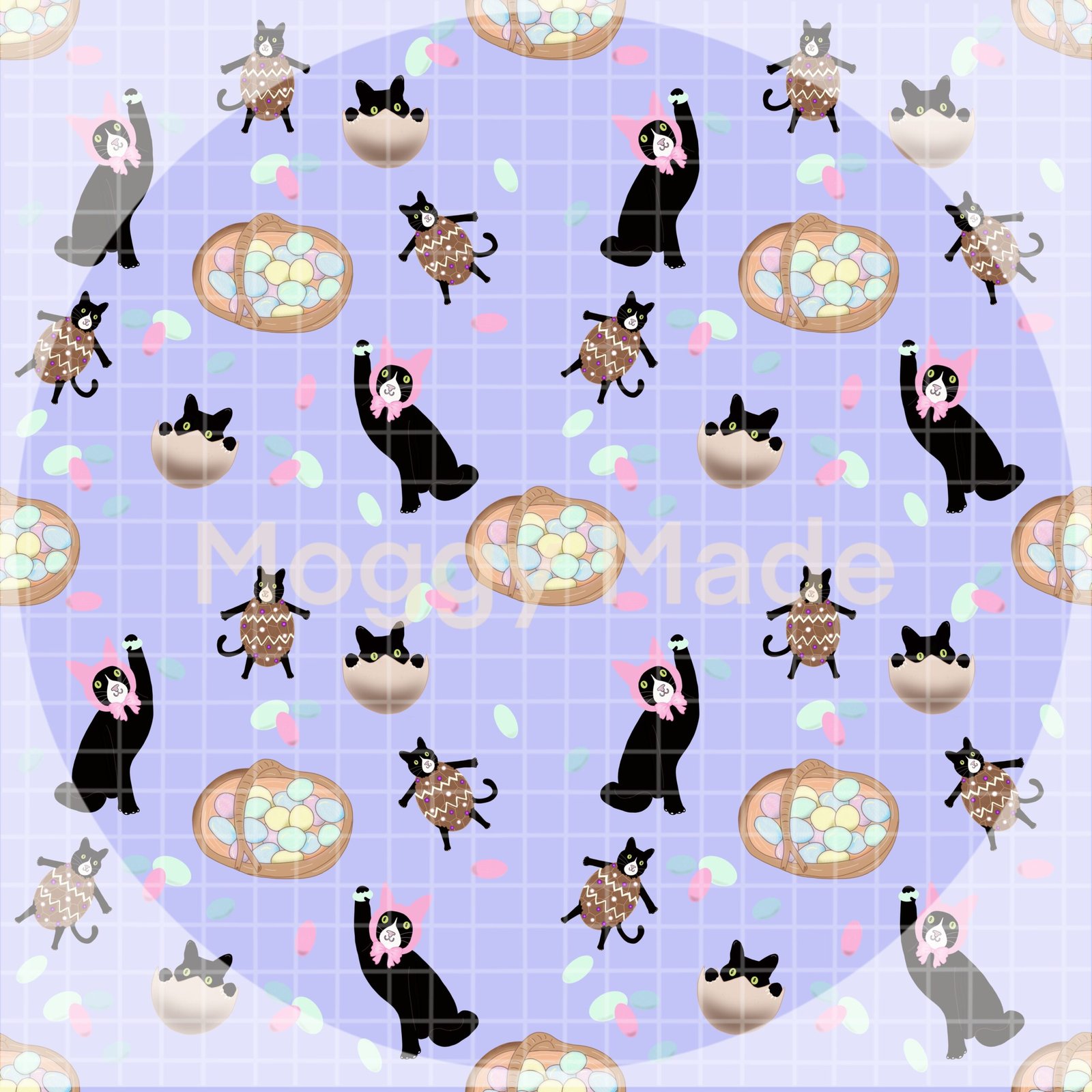 seamless pattern of cats and easter eggs in lilac