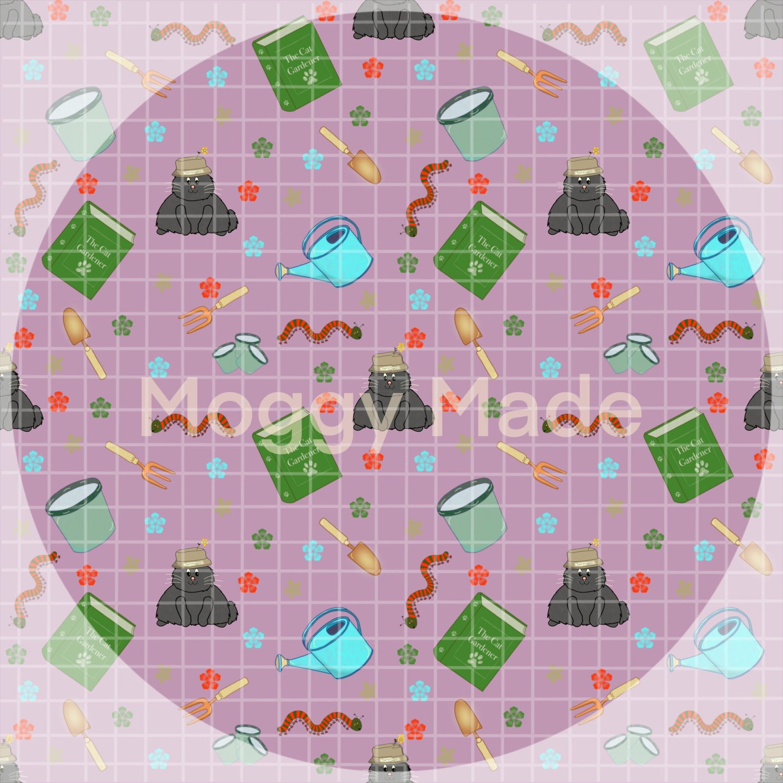 seamless pattern of cats and gardening in purple colour