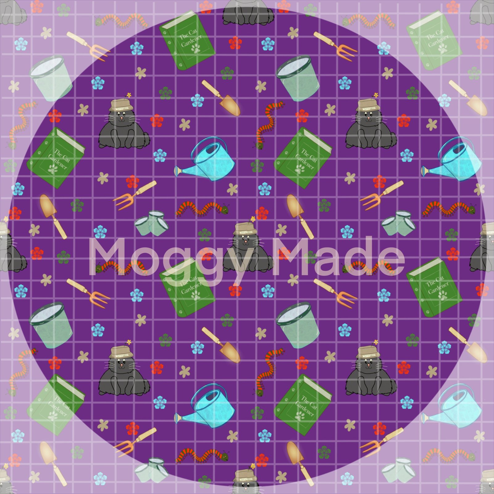 seamless pattern of cats and gardening in purple colour