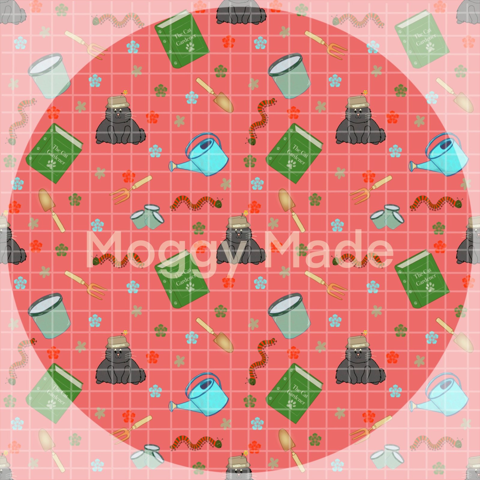 seamless pattern of cats and gardening in rose colour