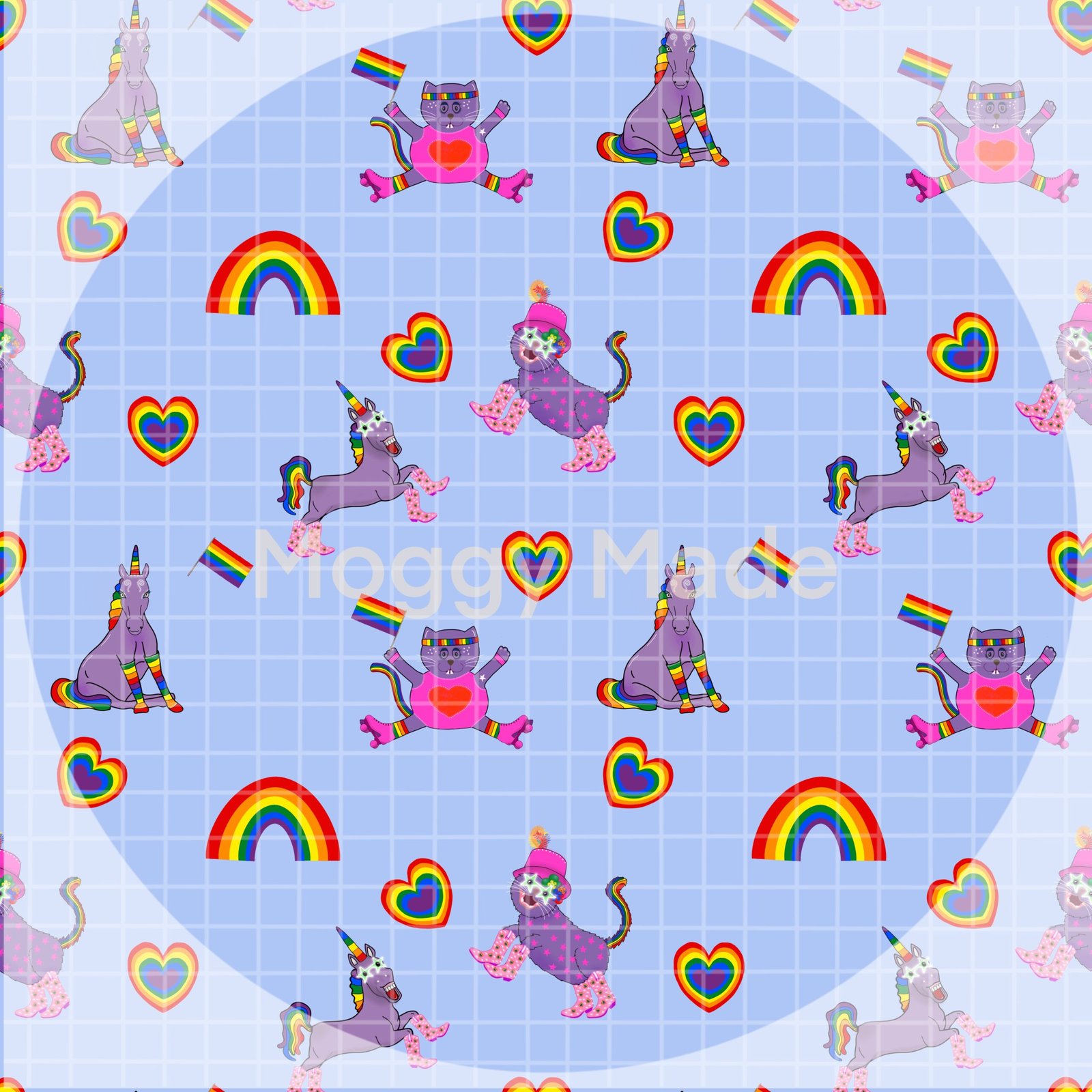 image of cats and unicorns celebrating Pride in a blue seamless pattern by MoggyMade