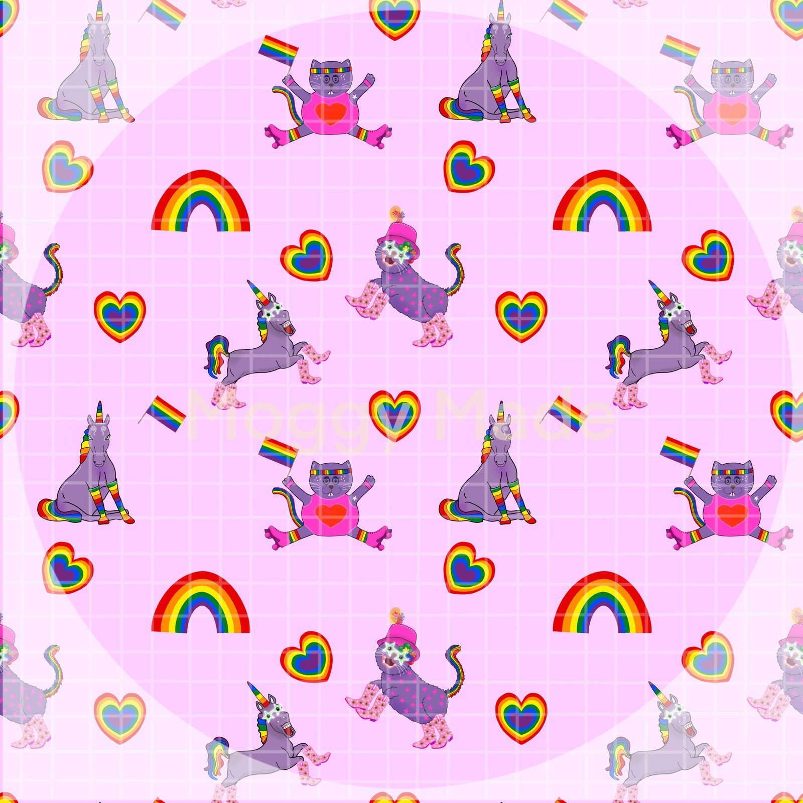 image of cats and unicorns celebrating Pride in lilac seamless pattern by MoggyMade