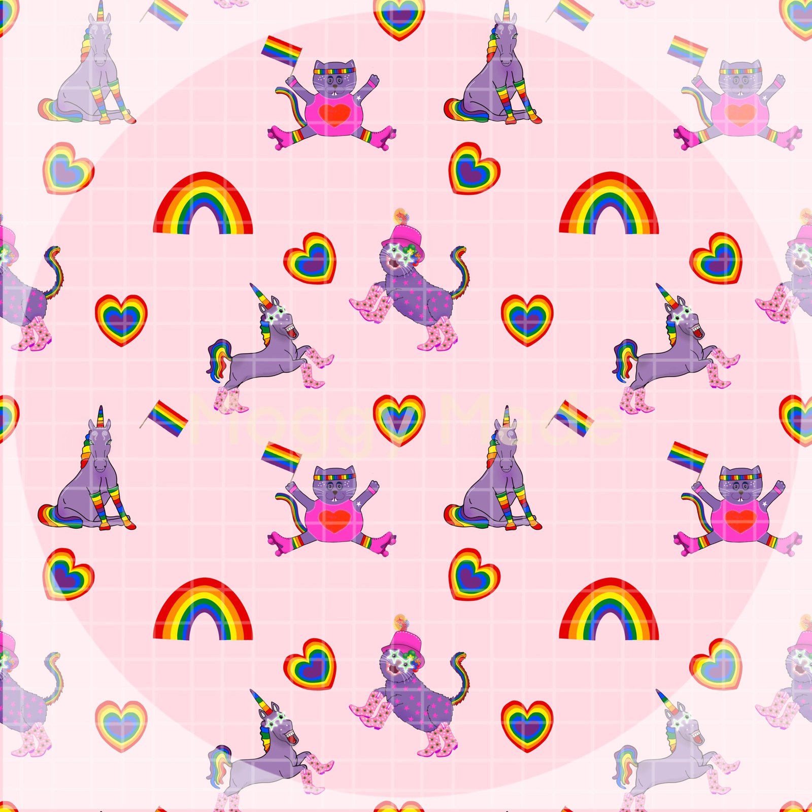 image of cats and unicorns celebrating Pride in seamless pattern by MoggyMade