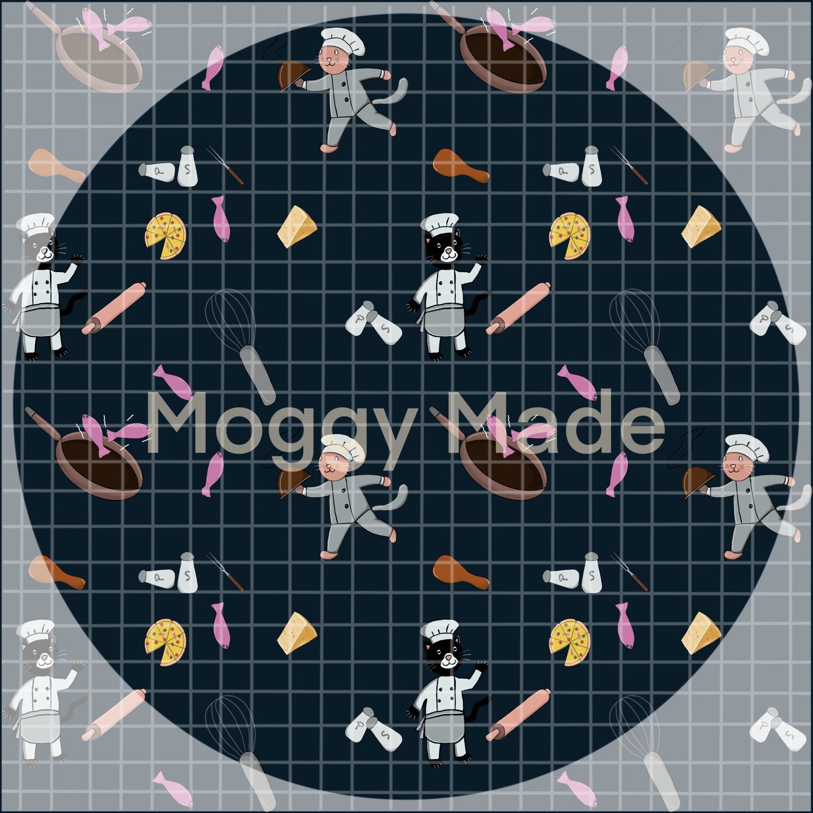chef cat seamless file in deep blue by moggymade