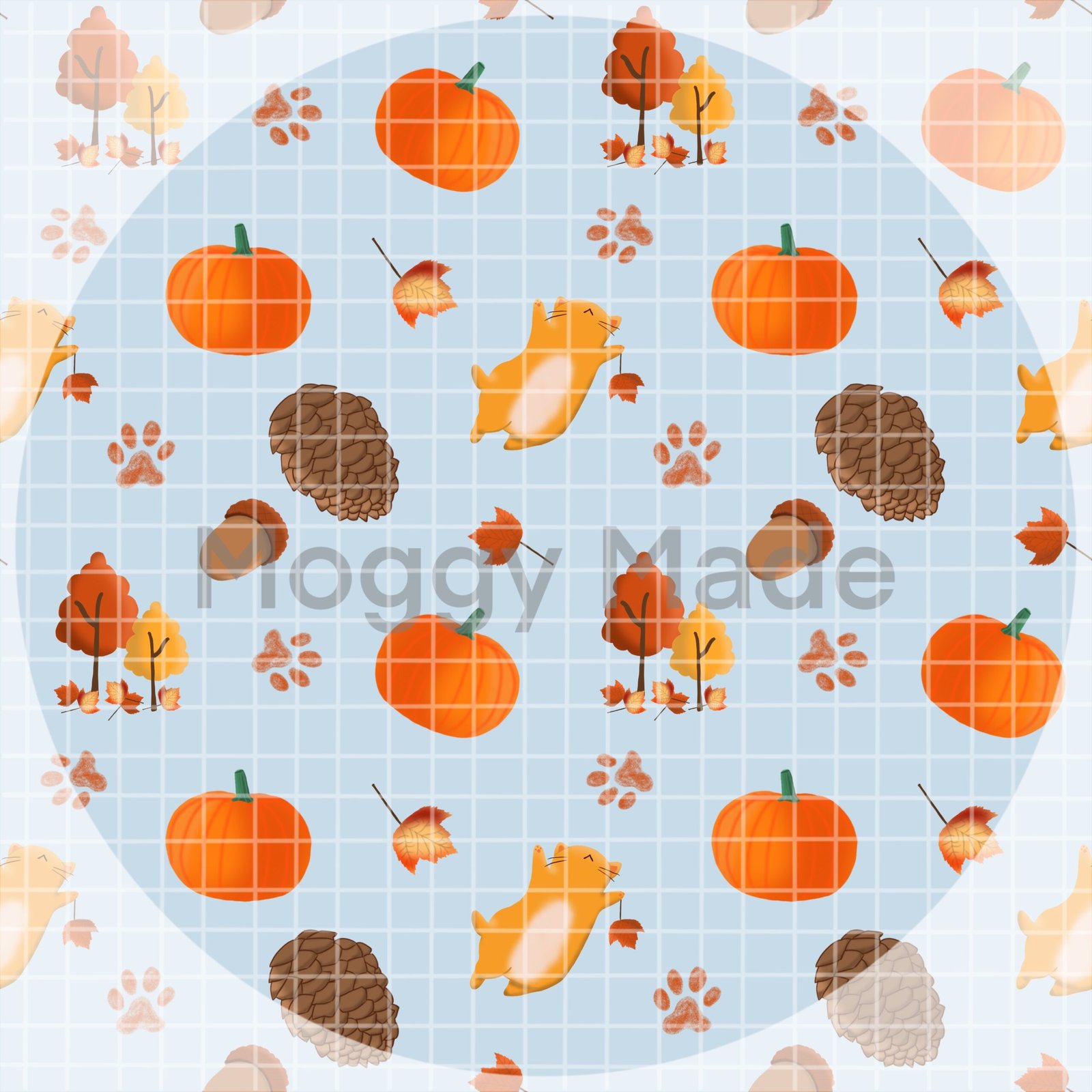 image of autumn cats and pumpkins seamless pattern in blue by Moggy Mae