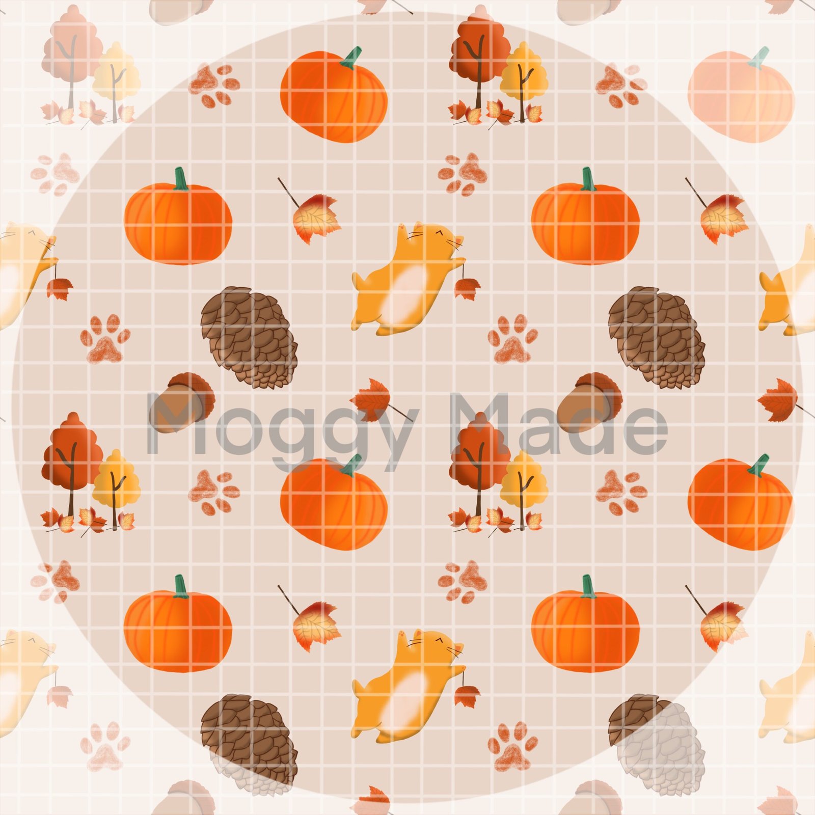autumn cats and pumpkins seamless pattern in beige by moggymade
