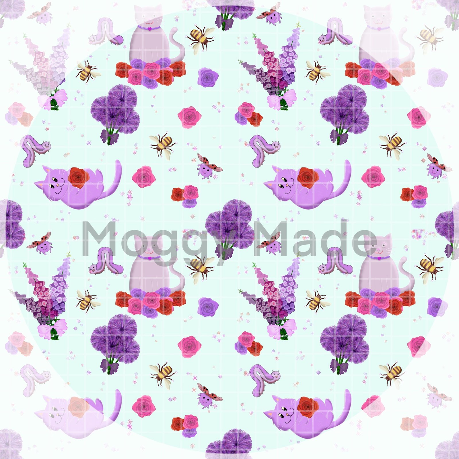 image of cats with summer flowers and insects in green by moggymade