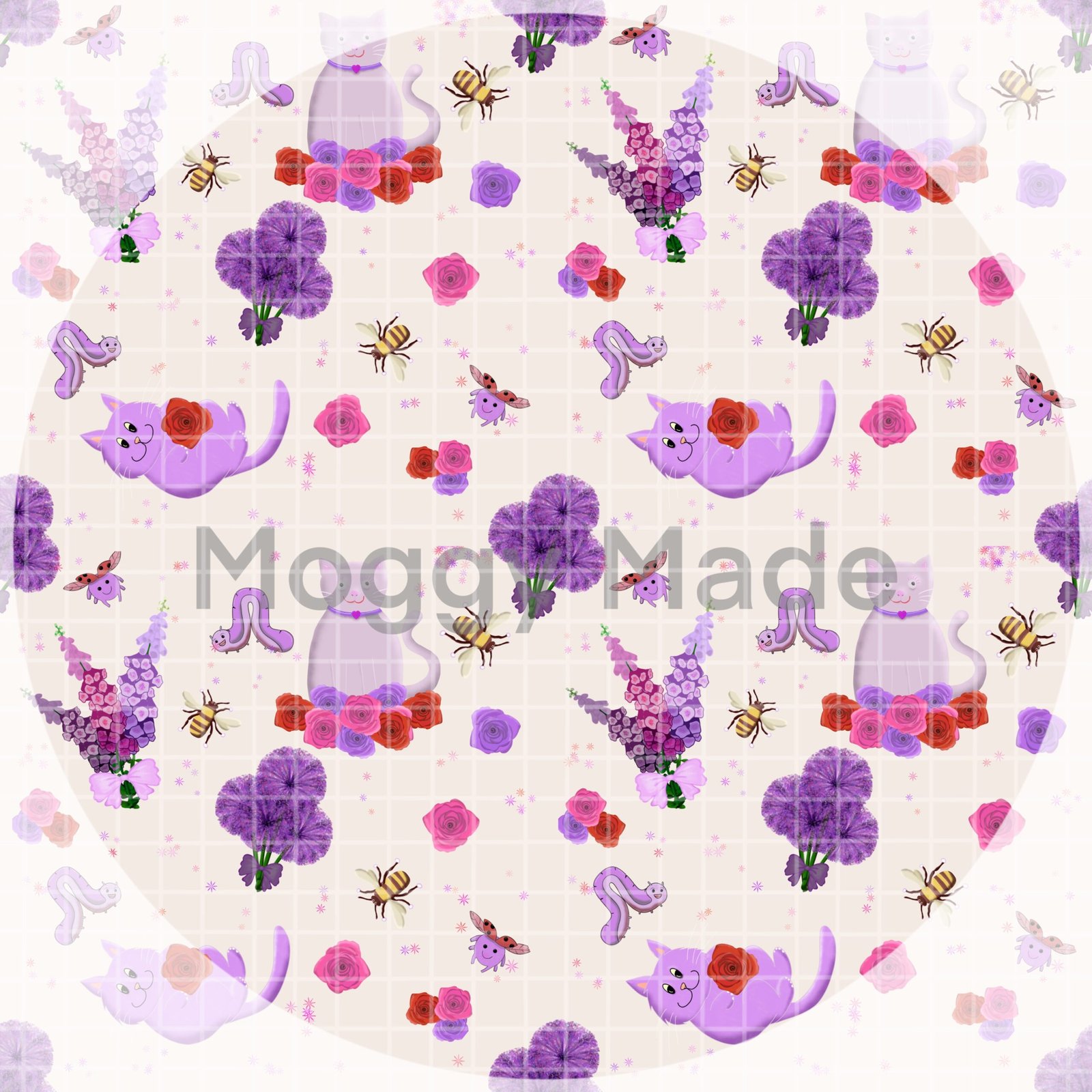 image of cats with summer flowers and insects seamless pattern with peach background by moggymade