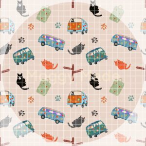 seamless pattern of cats and camper vans in cream