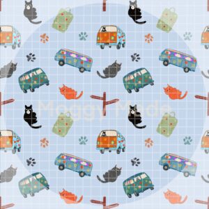 seamless pattern of cats and camper vans in blue colour