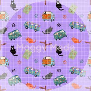 seamless pattern of cats and camper vans in lilac