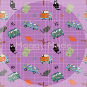 seamless pattern of cats and camper vans in pink