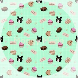 seamless pattern of cake and cats in green colour