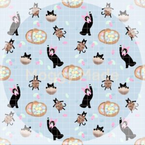 seamless pattern of cats and easter eggs in blue