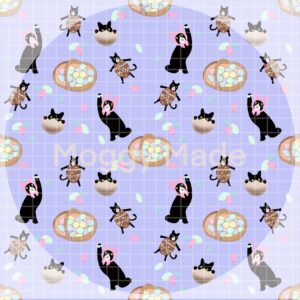 seamless pattern of cats and easter eggs in lilac