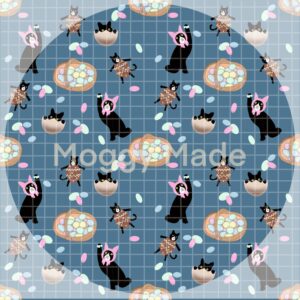 seamless pattern of cats and easter eggs in teal