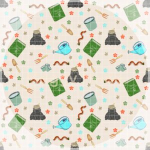 Seamless pattern of cats and gardening in cream colour
