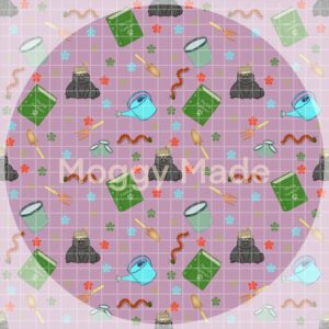 seamless pattern of cats and gardening in purple colour