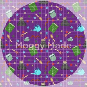 seamless pattern of cats and gardening in purple colour