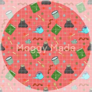 seamless pattern of cats and gardening in rose colour