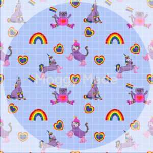 image of cats and unicorns celebrating Pride in a blue seamless pattern by MoggyMade
