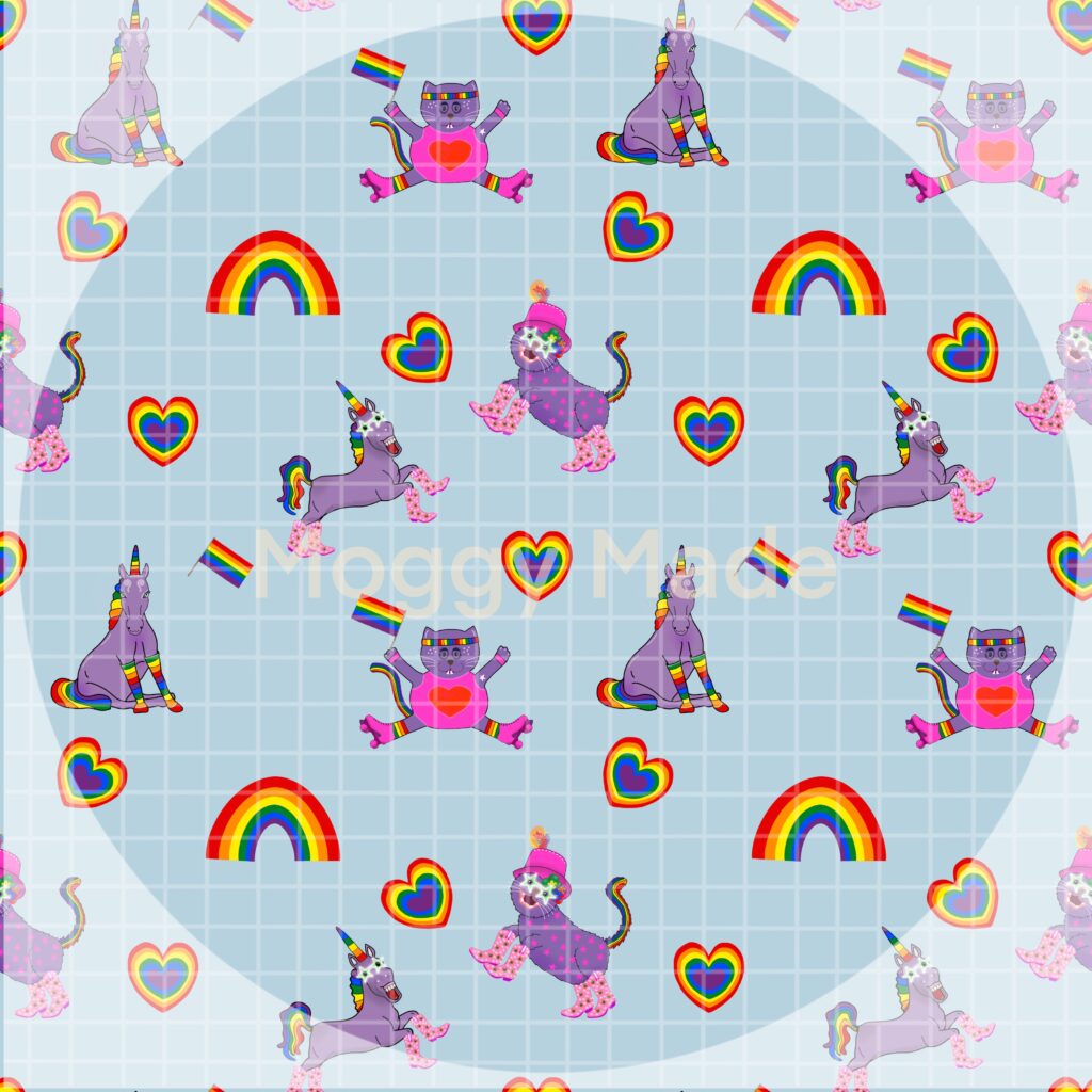 image of cats and unicorns celebrating Pride in grey blue seamless pattern by MoggyMade