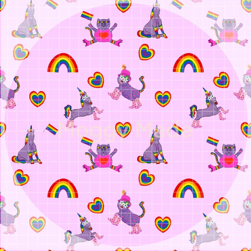 image of cats and unicorns celebrating Pride in lilac seamless pattern by MoggyMade